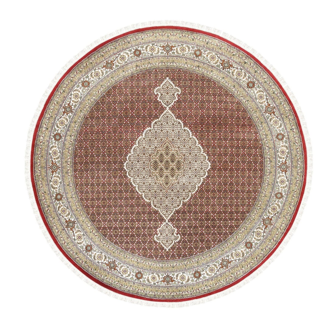 9'10"X9'10" Hand Knotted Tebraz Mahi Fish Design Wool-Silk Round Rug: Type: Indoor Material: Wool & Silk Color: Red Item Length: 118 Item Width: 118 Style: Oriental Rug Type: Hand Knotted Pile: Wool & Silk Shape: Round Field Color: Red Size: 9"10" x 9"10" Age: 2000-Now