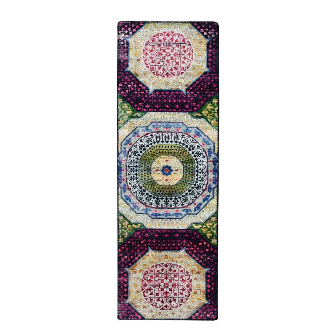 2'8"X8'1" Red Hand Knotted Mamluk Design Silk & Wool Runner Oriental Rug: Style: Mamluk Type: Indoor Material: Silk Color: Red Item Length: 97 Item Width: 32 Rug Type: Hand Knotted Pile: Wool & Silk Shape: Runner Field Color: Red Size: 2"8" x 8"1" / 81 CM X 246 CM Age: 2000