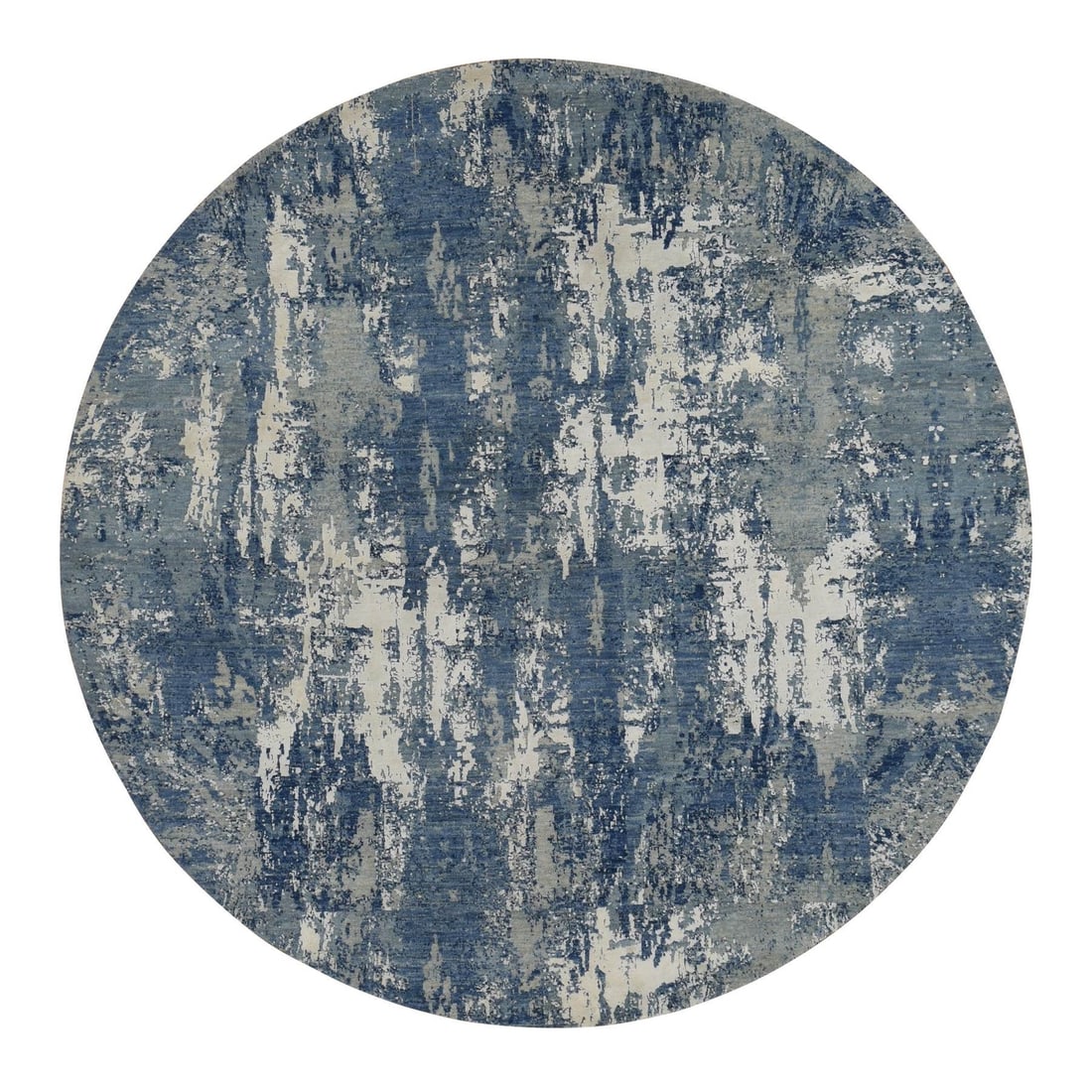 8'1"X8'1" Blue Abstract Design Wool And Pure Silk Hand Knotted Round Rug: Style: Abstract Design Type: Indoor Material: Silk Color: Blue Item Length: 97 Item Width: 97 Rug Type: Hand Knotted Pile: Wool & Silk Shape: Round Field Color: Blue Size: 8"1" x 8"1" / 246 CM X 246 C