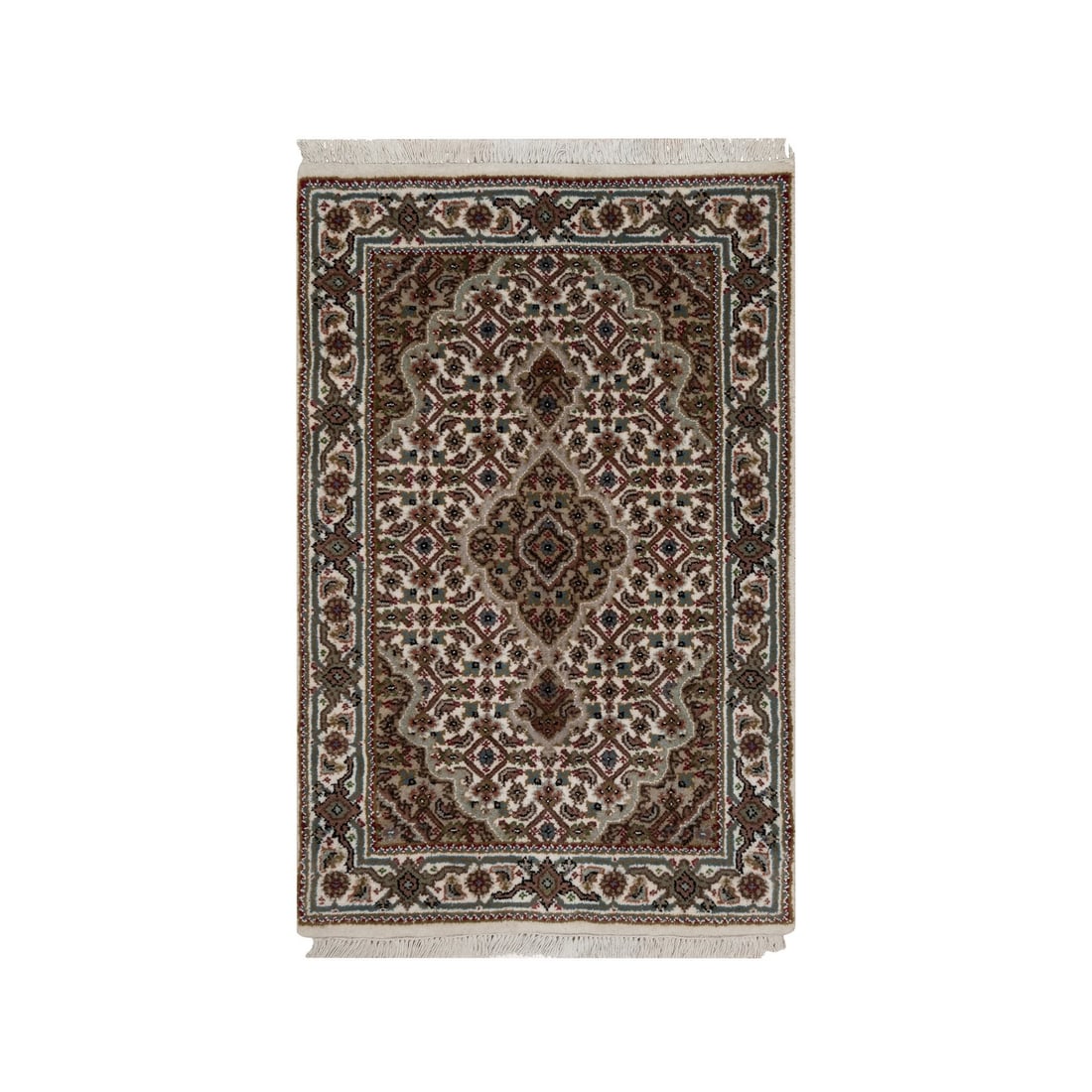 2'X3' White Hand Knotted Tebraz Mahi With Fish Design Pure Wool Mat Rug: Style: Tebraz Mahi Type: Indoor Material: Wool Color: Ivory Item Length: 36 Item Width: 24 Rug Type: Hand Knotted Pile: Wool Shape: Rectangular Field Color: Ivory Size: 2"0" x 3"0" / 61 CM X 91 CM Age
