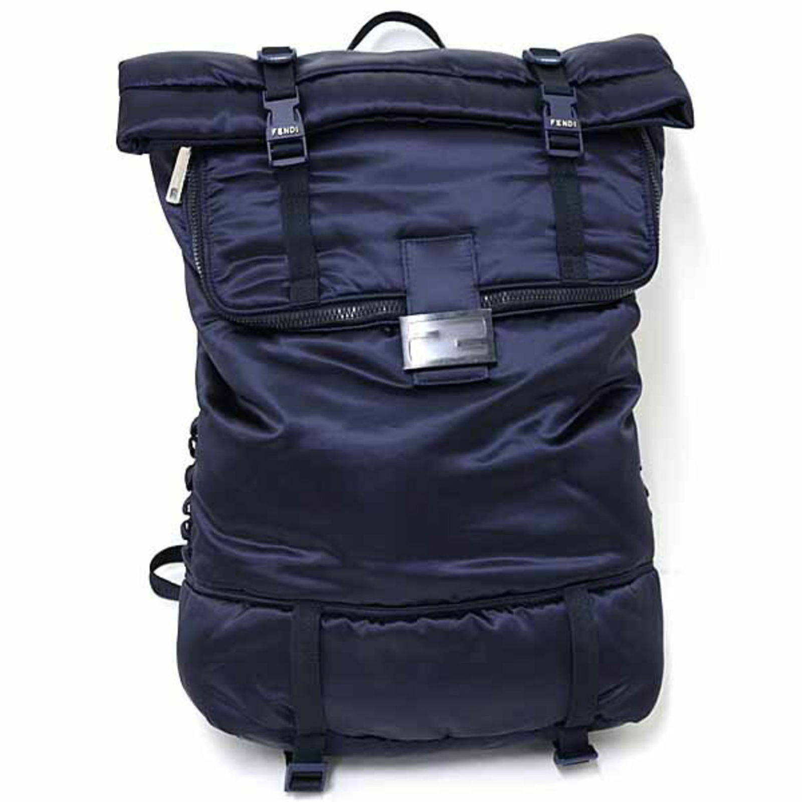 Fendi Nylon Backpack Eonyl Navy: Brand: Fendi Type: Backpack Material: Nylon Color: Navy Hardware Color: Silver Gender: Women Size (Hxwxd): 47cm x 30cm x 16.5cm / 18.5'' x 11.81'' x 6.49'' Condition: Used (very good), A few traces of