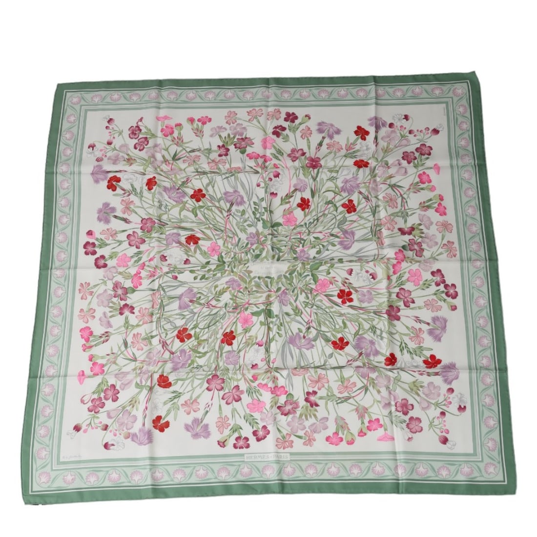 Hermes Scarf Silk Green Scarf Flour Wild Carnations And Dianthus Women (1 of 6)
