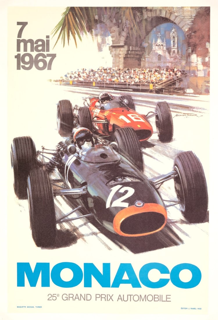 Monaco Grand Prix 1967 Michael Turner Vintage French Automobile Racing Poster: Artist: Carpenter Michael Turner Unit Of Sale: Single Piece Size: Small Date Of Creation: 1970"S Title: MONACO GRAND PRIX 1967 Material: Canvas Paper Franchise: Cars Region Of Origin: MONACO Framing: