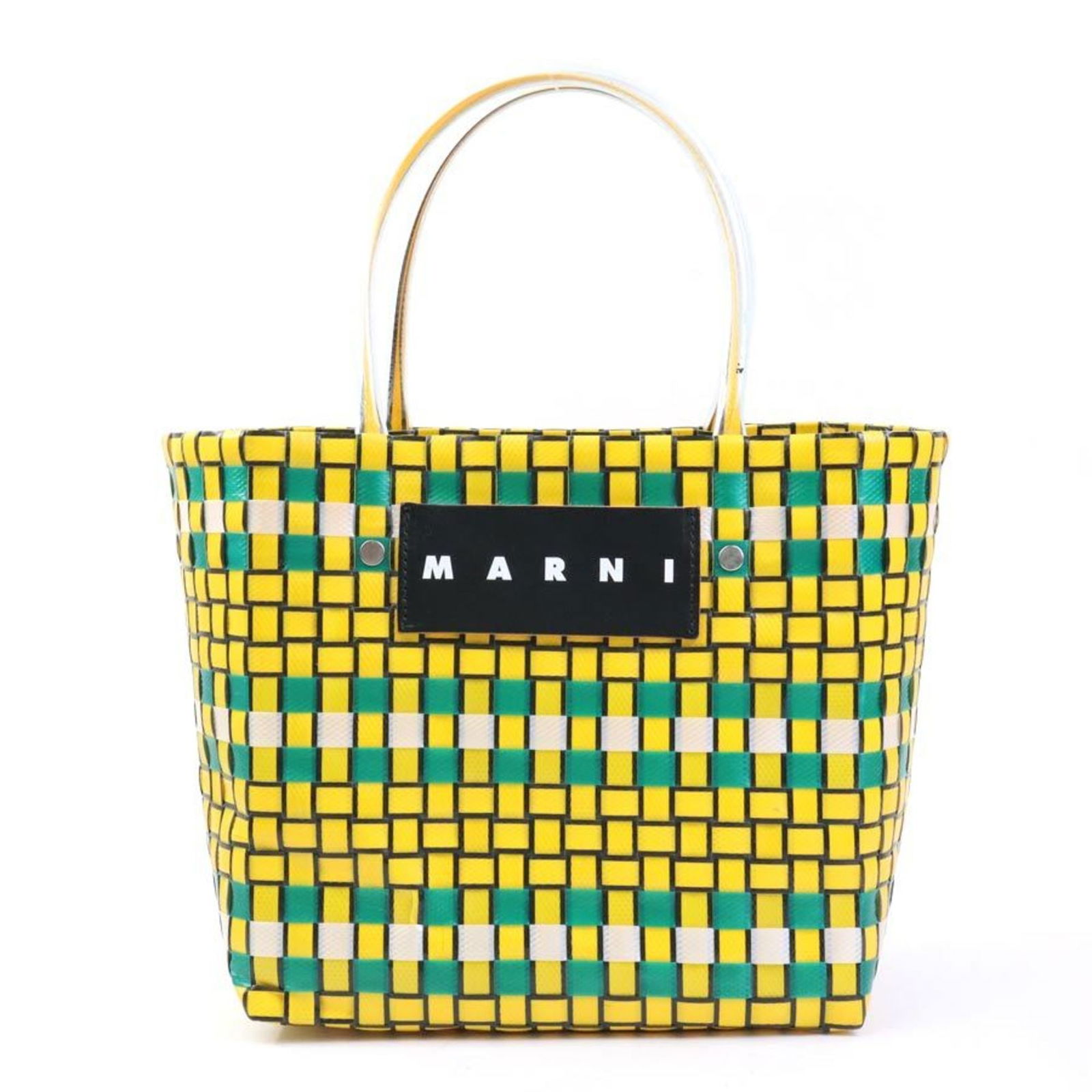 Marni Handbag Flower Cafe Polypropylene Yellow X Green: Brand: Marni Type: Handbag Material: Polypropylene Color: Green, Yellow Gender: Women Size (Hxwxd): 21cm x 22cm x 14cm / 8.26'' x 8.66'' x 5.51'' Condition: Used (good), Traces of usage, scratches / d