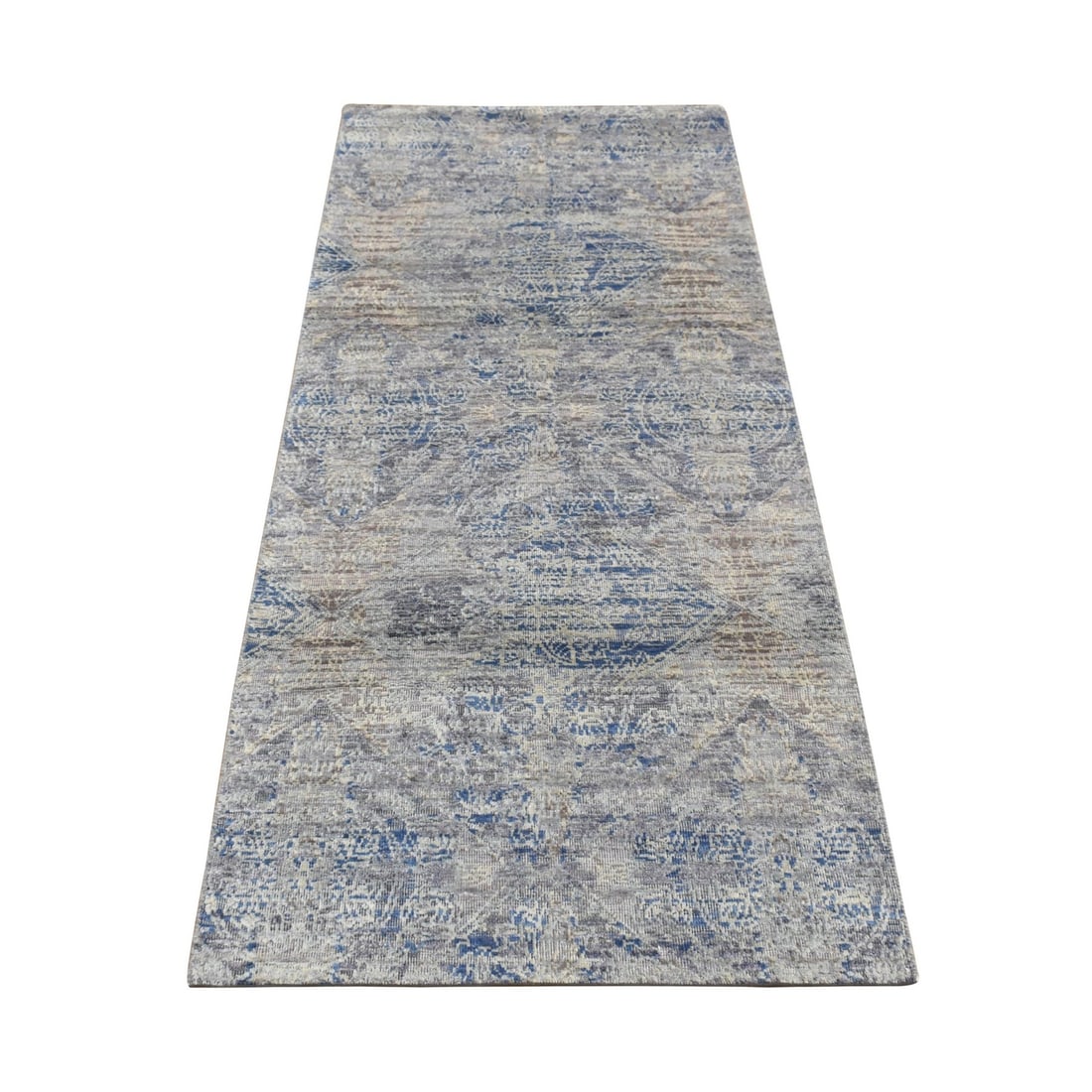 2'6"X6' Blue Silk With Wool Erased Rosette Design Hand Knotted Runner Rug: Style: Rosette Design Type: Indoor Material: Silk Color: Blue Item Length: 72 Item Width: 30 Rug Type: Hand Knotted Pile: Wool & Silk Shape: Runner Field Color: Blue Size: 2"6" x 6"0" / 76 CM X 183 CM