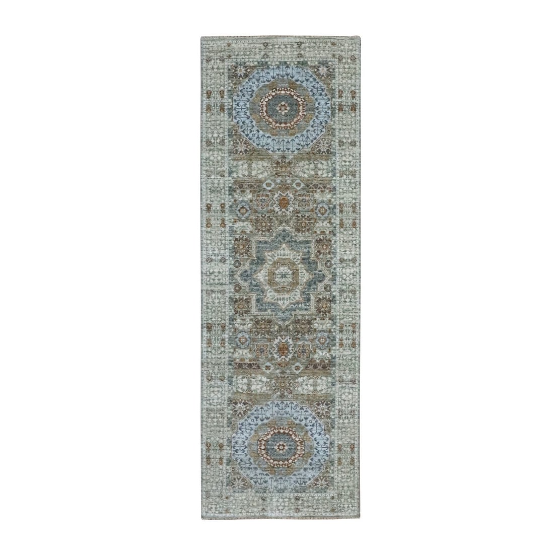 2'8"X8'1" Green Hand Knotted Wool Rug Pre Historic Mamluk Design Runner: Style: Mamluk Type: Indoor Material: Wool Color: Green Item Length: 97 Item Width: 32 Rug Type: Hand Knotted Pile: Wool Shape: Runner Field Color: Green Size: 2"8" x 8"1" / 81 CM X 246 CM Age: 2000-No