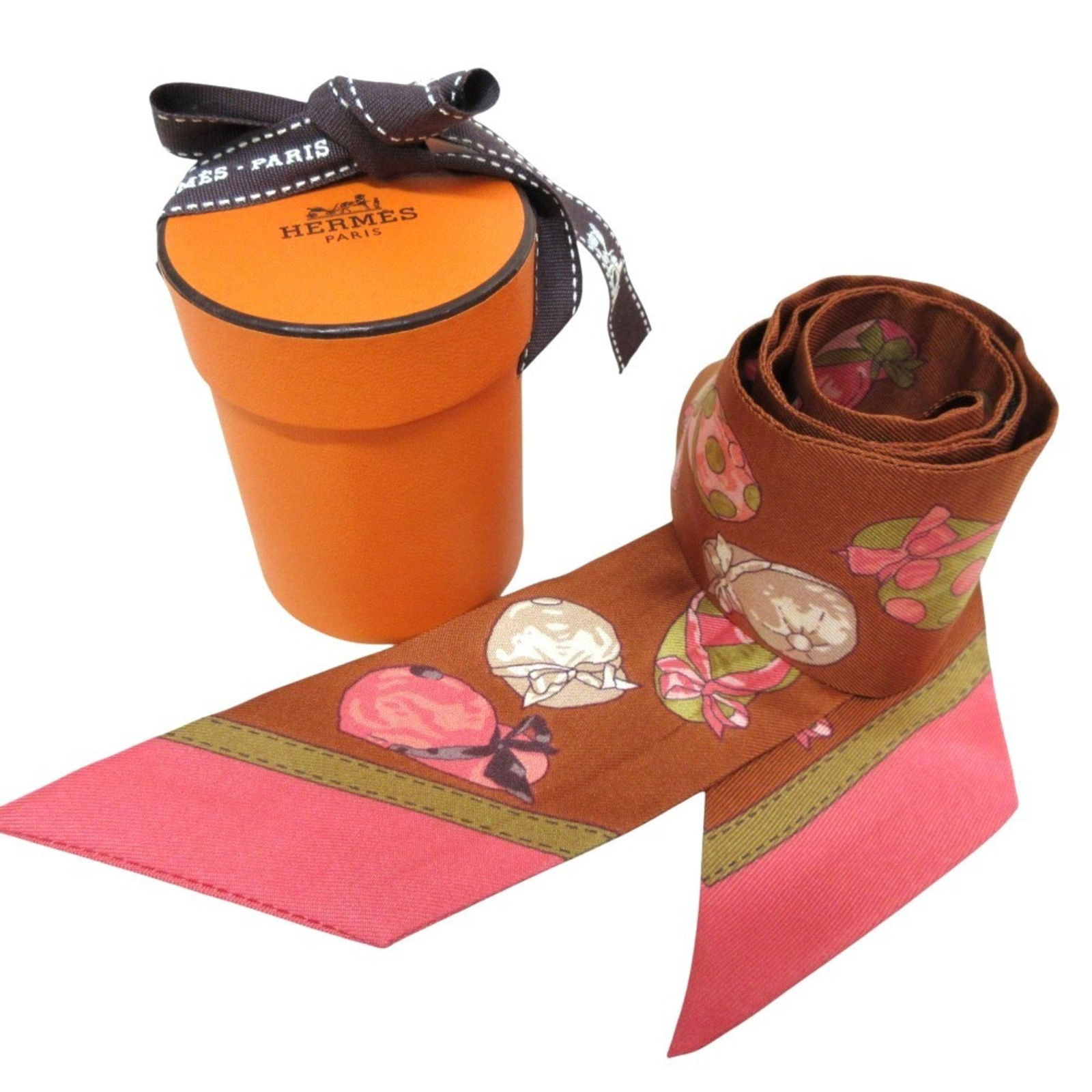Hermes Twilly Jockey Equestrian Hat Pattern Silk Scarf/Muffler Brown Pink (1 of 7)