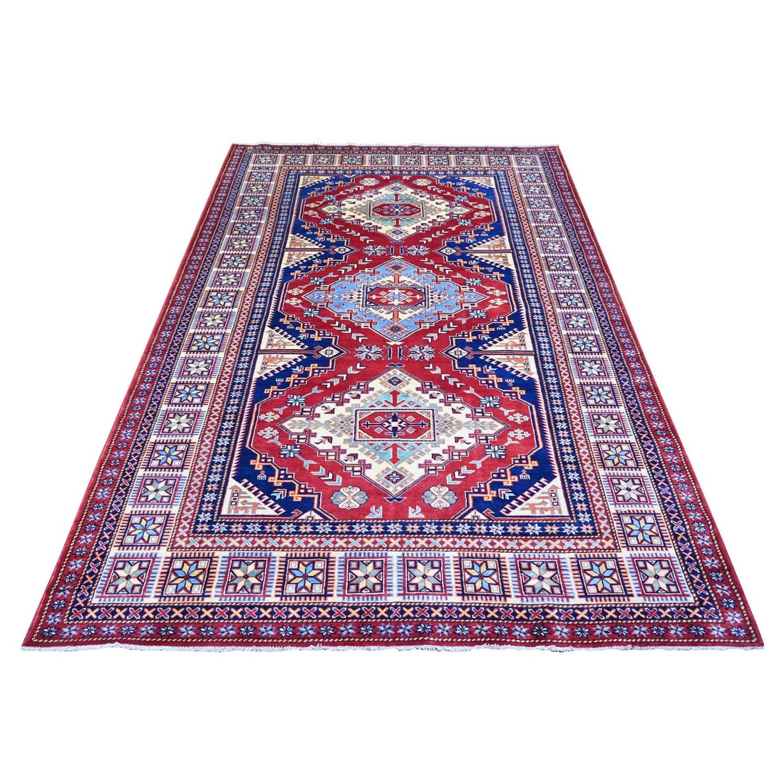 5'8"X8'1" Scarlet Red Shirvan Afghan Super Kazak Wool Hand Knotted Rug: Type: Indoor Material: Wool Color: Red Item Length: 97 Item Width: 68 Style: Oriental Rug Type: Hand Knotted Pile: Wool Shape: Rectangular Field Color: Red Size: 5"8" x 8"1" / 173 CM X 246 CM Age: 200