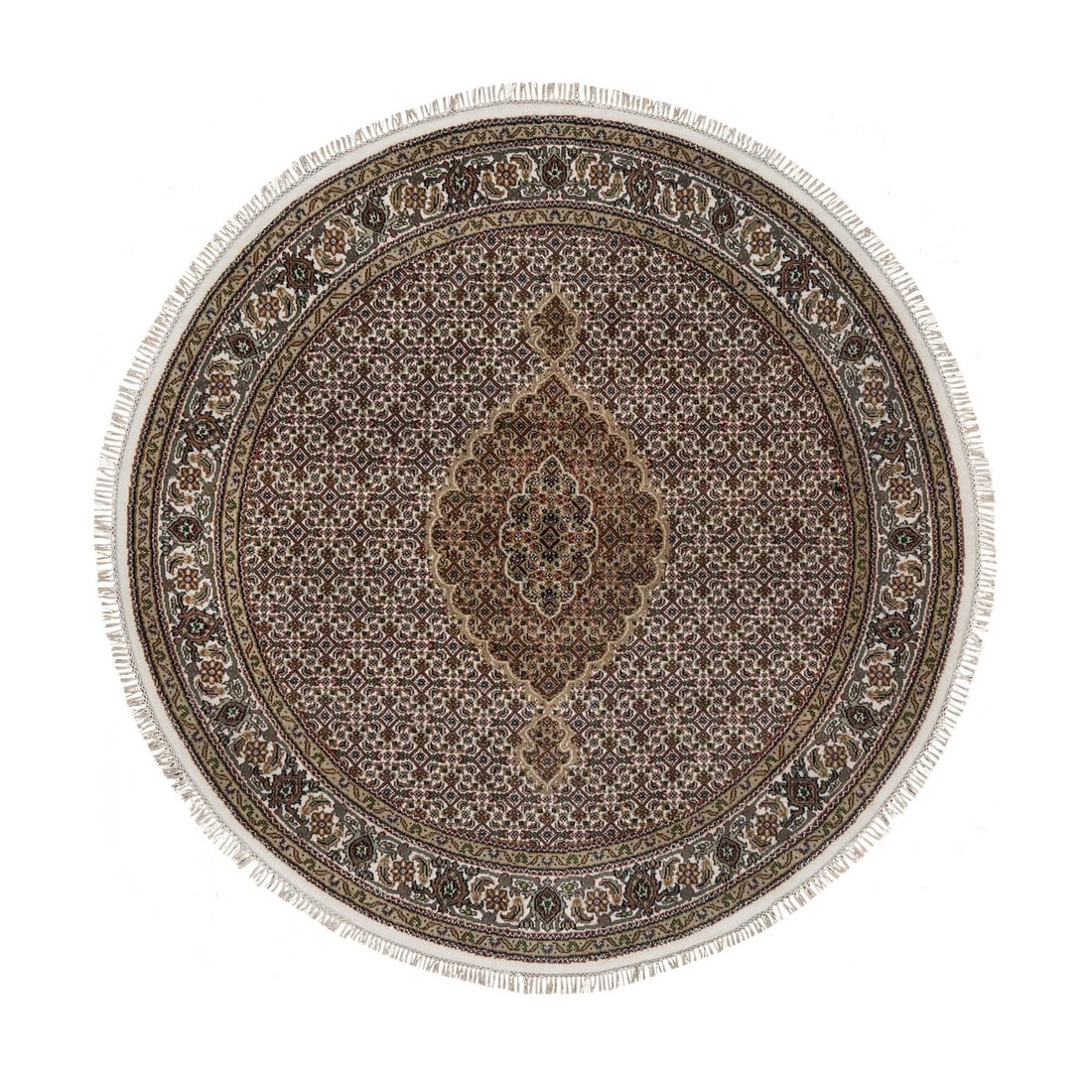 6'X6' White Pure Wool Tebraz Mahi With Fish Design Hand Knotted Round Rug: Style: Tebraz Mahi Type: Indoor Material: Wool Color: Ivory Item Length: 72 Item Width: 72 Rug Type: Hand Knotted Pile: Wool Shape: Round Field Color: Ivory Size: 6"0" x 6"0" / 183 CM X 183 CM Age: 20
