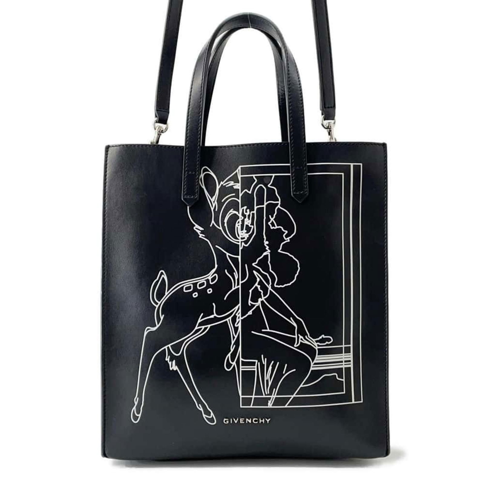 Givenchy Tote Bag Square S Bambi Riccardo Tisci Leather Givenchy 2Way Shoulder Black: Brand: Givenchy Type: Shoulder Bag, Tote Bag Material: Leather Color: Black Hardware Color: Silver Outer Pocket: Belt Size (Hxwxd): 28cm x 26cm x 11.5cm / 11.02'' x 10.23'' x 4.52'' Weight: 450g / 15.