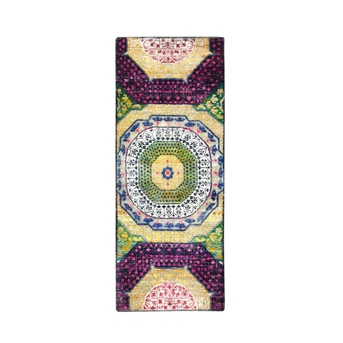 2'6"X6'5" Colorful Mamluk Design Silk With Wool Hand Knotted Runner Rug: Style: Mamluk Type: Indoor Material: Wool Color: Yellow Item Length: 77 Item Width: 30 Rug Type: Hand Knotted Pile: Wool & Sari Silk Shape: Runner Field Color: Yellow Size: 2"6" x 6"5" / 76 CM X 196 C