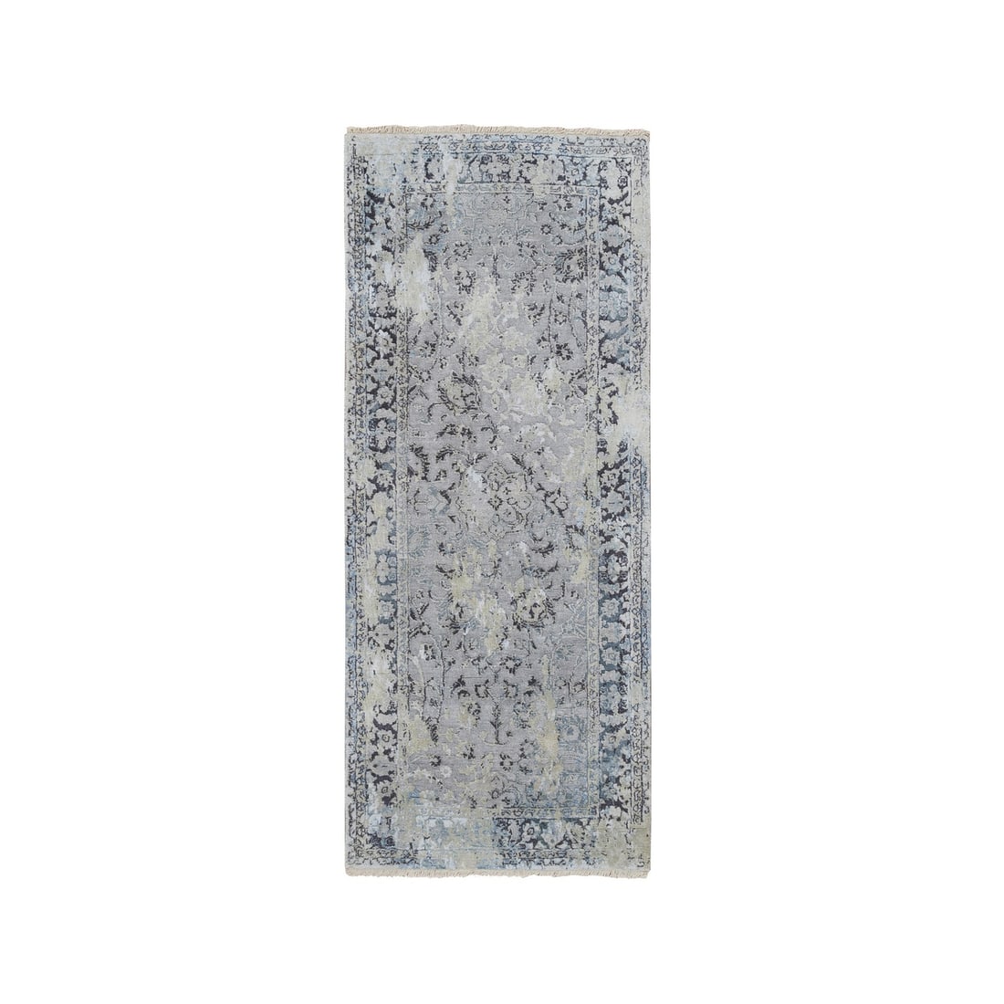 2'6"X6' Gray Hand Knotted Broken Kishoon Design Silk With Wool Runner Rug: Type: Indoor Material: Wool & Silk Color: Grey Item Length: 72 Item Width: 30 Style: Oriental Rug Type: Hand Knotted Pile: Wool & Silk Shape: Runner Field Color: Grey Size: 2"6" x 6"0" / 76 CM X 183 C