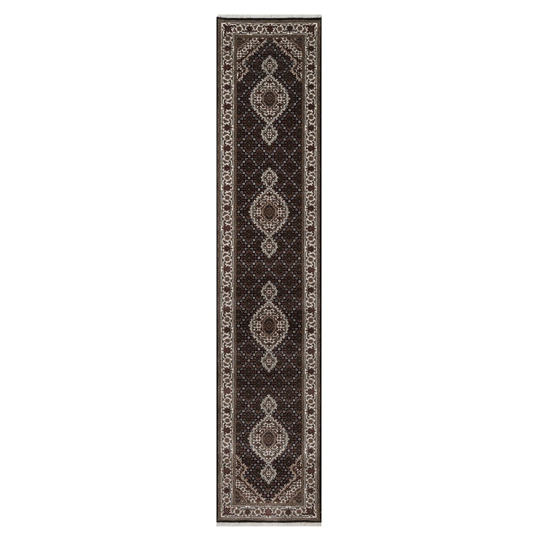 2'6"X12'2" Black Tebraz Mahi Fish Design Hand Knotted Wool Runner Rug: Style: Tebraz Type: Indoor Material: Wool Color: Black Item Length: 146 Item Width: 30 Rug Type: Hand Knotted Pile: Wool Shape: Runner Field Color: Black Size: 2"6" x 12"2" / 76 CM X 371 CM Age: 2000-