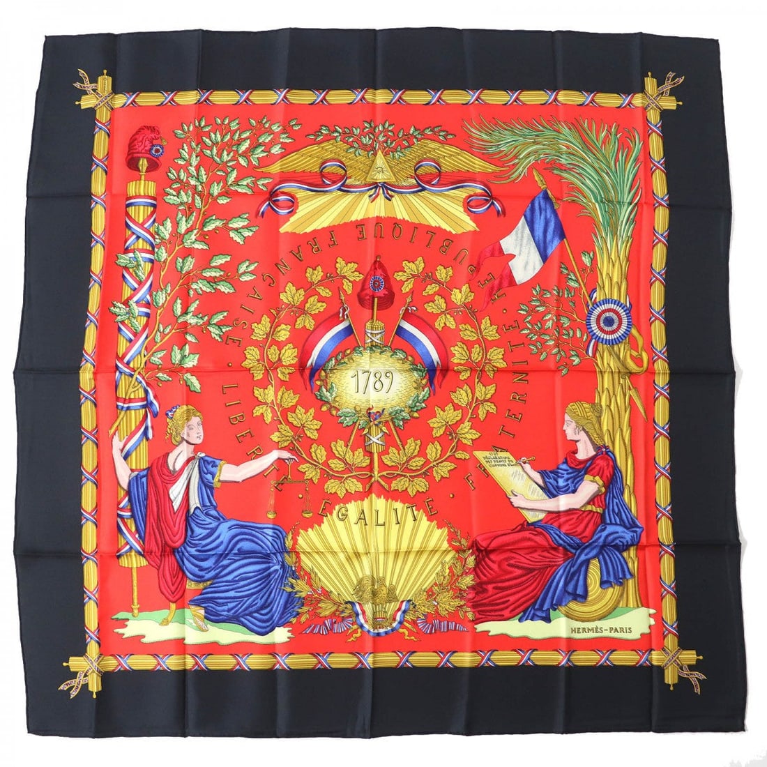 Hermes Scarf Main: Material: Silk Gender: Women Brand: HERMES Item: scarf Model: 1789 LIBERTE EGALITE FRATERNITE REPUBLIQUE FRANCAISE 1789 Commemorating the French Revolution Gender: Women Color: black red multicolor Ma