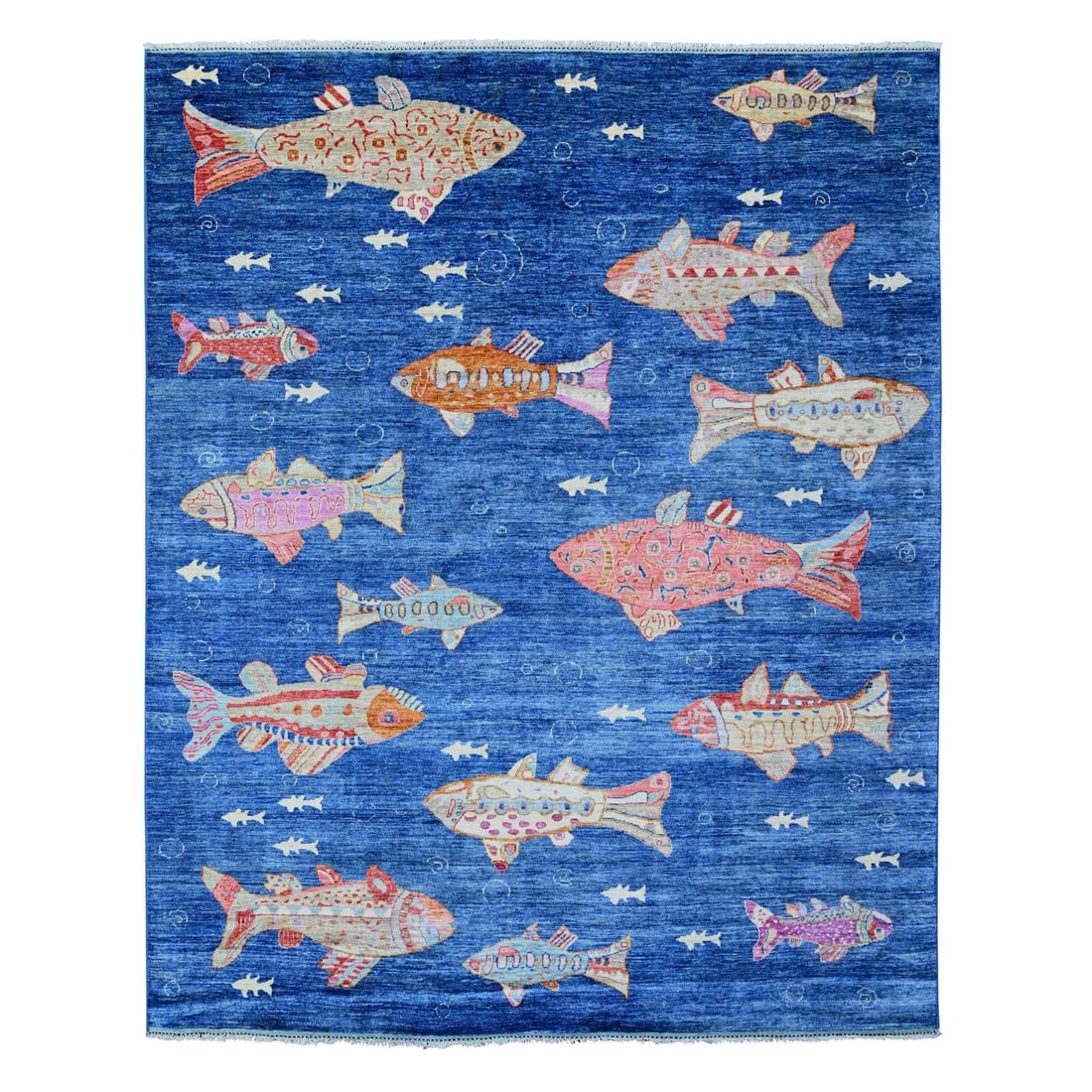 8'X10' Grotto Blue Hand Knotted Peshawar Oceanic Fish Design Wool Rug: Style: Oushak Type: Indoor Material: Wool Color: Blue Item Length: 119 Item Width: 95 Rug Type: Hand Knotted Pile: Wool Shape: Rectangular Field Color: Blue Size: 7"11" x 9"11" / 241 CM X 302 CM Age: