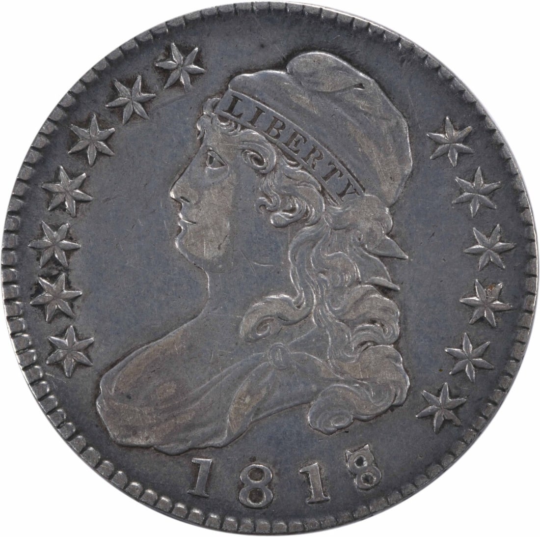 1818/7 Bust Silver Half Dollar Ef Uncertified: Certification: Uncertified Circulated/Uncirculated: Circulated Year: 1818 Mint Location: Philadelphia Km Number: 44 Denomination: 50C Composition: 89.2% Silver 10.8% Copper Grade: XF Designer: John Re