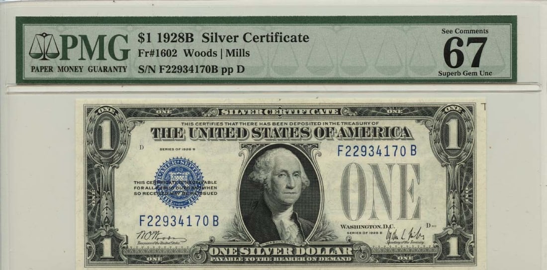 1928B $1 Silver Certificate Blue Seal Fr# 1602 Pmg Superb Gem 67 Epq (1 of 1)