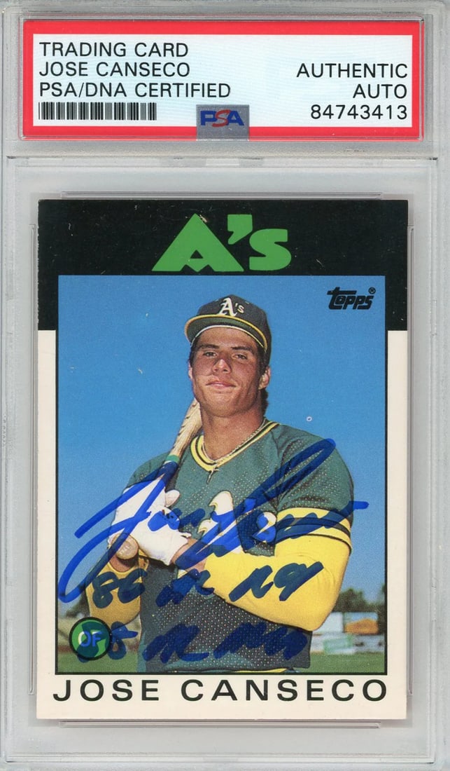 Jose Canseco "86 Al Roy, 88 Al Mvp" Autographed 1986 Topps Rookie Card #20T (Psa (1 of 2)