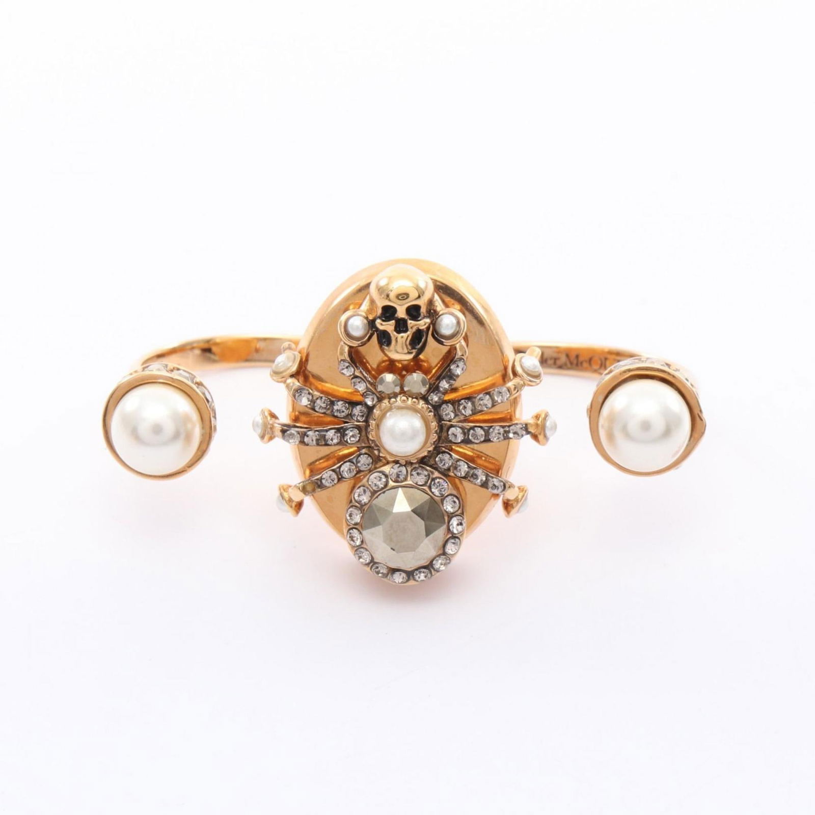 Alexander Mcqueen Spider Ring: Brand: Alexander Mcqueen Type: Band Ring Gender: Women Color: Gold Material: Gold Plating Stone: Artificial Pearl, Rhinestone Stone Color: White Us Size: 7.5 Condition: Used (very good), A few traces