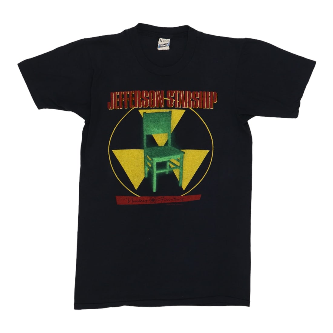 1984 Jefferson Starship Nuclear Furniture Tour Shirt: Size: Medium Era: 1980s Color: Black Material: 100% Cotton Tag Size: Medium Collar To Hem Front: 27" Collar To Hem: 27.5 Inches Pit To Pit Front: 16" Pit To Pit: 16.75 Inches Original vintage 1984 Jef