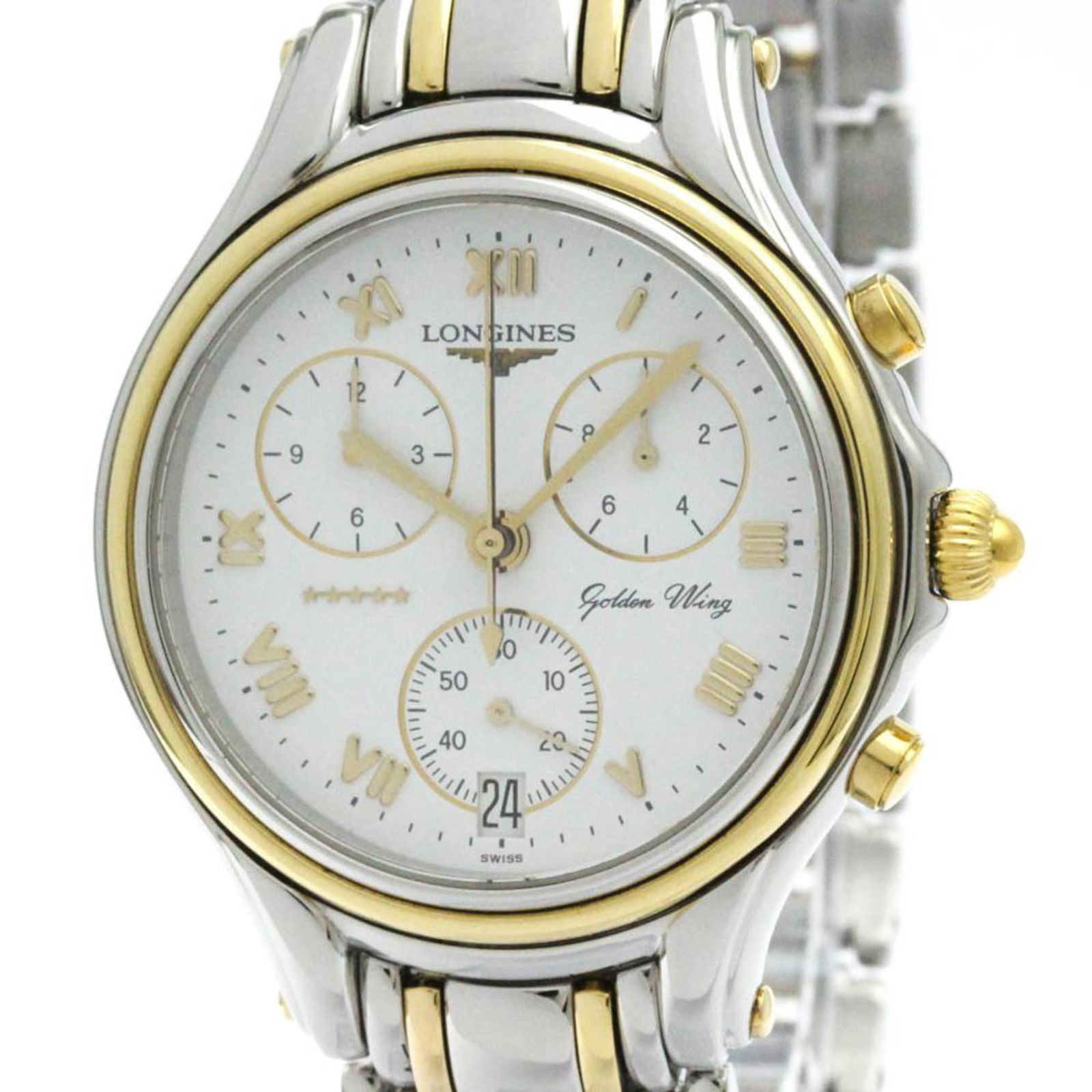 Longines Goldern Wing Chronograph Gold Plated Steel Watch L3.610.5 Bf578757: Brand: Longines Type: Wristwatch Style: Sport Gender: Men Material (Case): Gold Plated, Stainless Steel Material (Band): Gold Plated, Stainless Steel Color (Dial): White Case Diameter: 38mm / 1.5'' Co