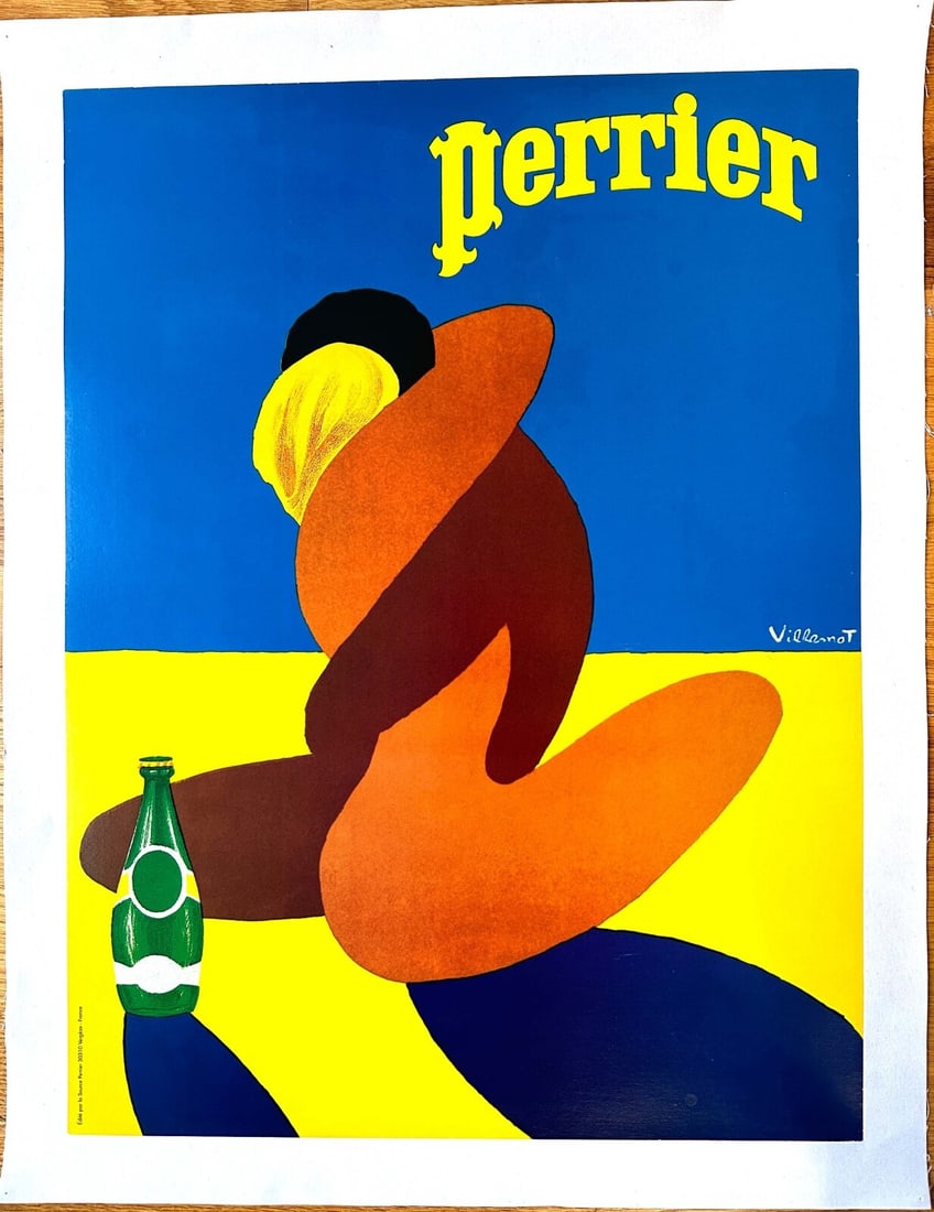 Embrace Perrier Villemot Authentic 1981 Original Vintage French Drinks Poster: Artist: Bernard Villemot Size: Medium Color: Blue Date Of Creation: 1970-1989 Title: Perrier Embrace Material: Canvas Paper Certificate Of Authenticity (Coa): Yes Original/Licensed Reprint: Original F