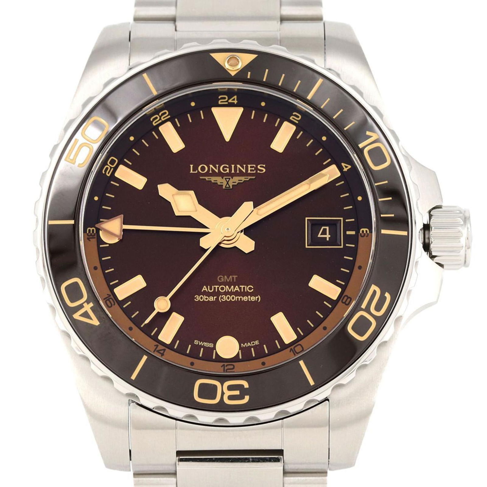 Longines Hydroconquest Gmt L3.790.4.66.6 Stainless Steel Automatic Watch: Brand: Longines Type: Wristwatch Gender: Men Display: Analog Material (Case): Stainless Steel Material (Band): Stainless Steel Color: Brown Color (Dial): Brown Case Diameter: 41mm / 1.61'' Wrist Size:
