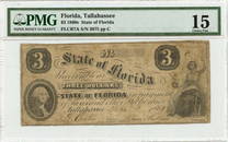 1860S $3 Tallahassee, Fl Obsolete Note State Of Florida Pmg F15