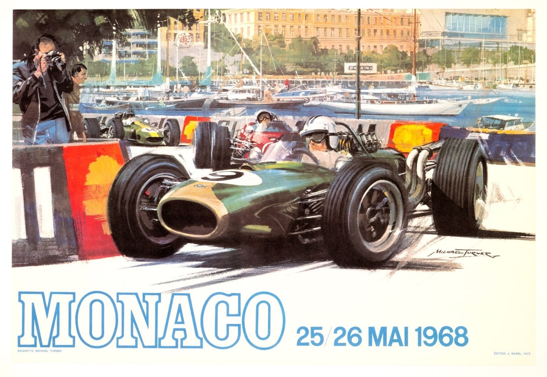 Monaco Grand Prix 1968 Michael Turner Vintage French Automobile Racing Poster: Artist: Carpenter Michael Turner Unit Of Sale: Single Piece Size: Small Date Of Creation: 1970"S Title: MONACO GRAND PRIX Material: Canvas Paper Franchise: Cars Region Of Origin: MONACO Framing: Unfra
