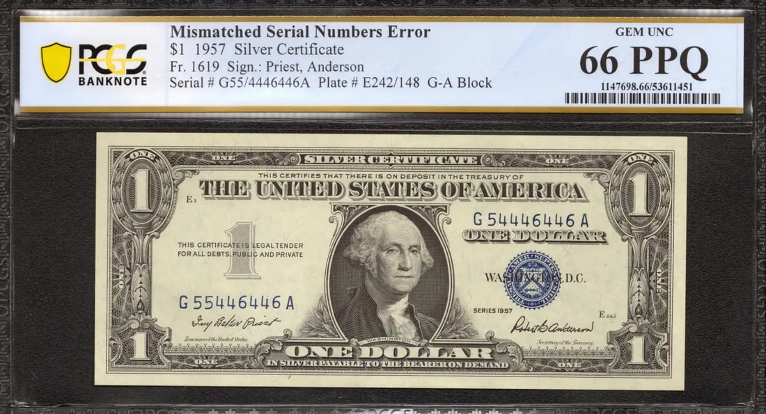 1957 $1 Silver Certificate Fr.1619 Pcgs 66 Ppq - Mismatched Serial Error (446A) (1 of 2)