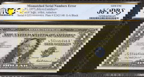 1957 $1 Silver Certificate Fr.1619 Pcgs 66 Ppq - Mismatched Serial Error (446A)