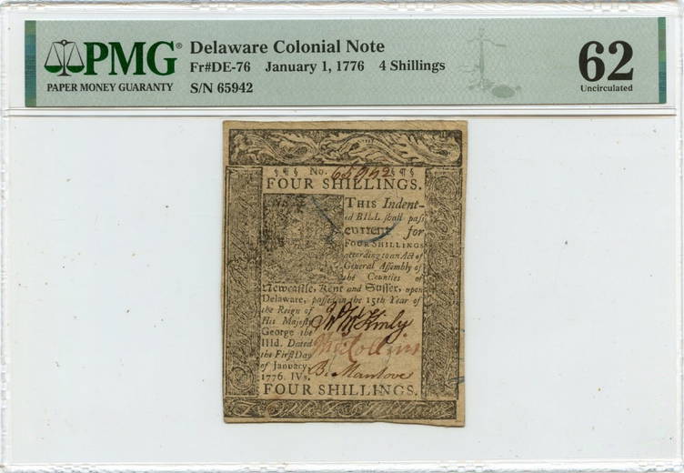 1776 January 1, 4 Shillings Delaware Colonial Note Fr#De-76 Pmg Cu62