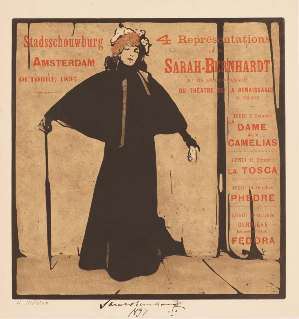 Sarah Bernhardt Amsterdam Performances Beggarstaff Bros 1897 Original Nicholson: Country Of Origin: Netherlands Artist: BEGGARSTAFF NICHOLSON William Nicholson & James Pryde Unit Of Sale: Single Piece Character: sarah bernhardt Size: Small Date Of Creation: 1897 Material: Canvas P