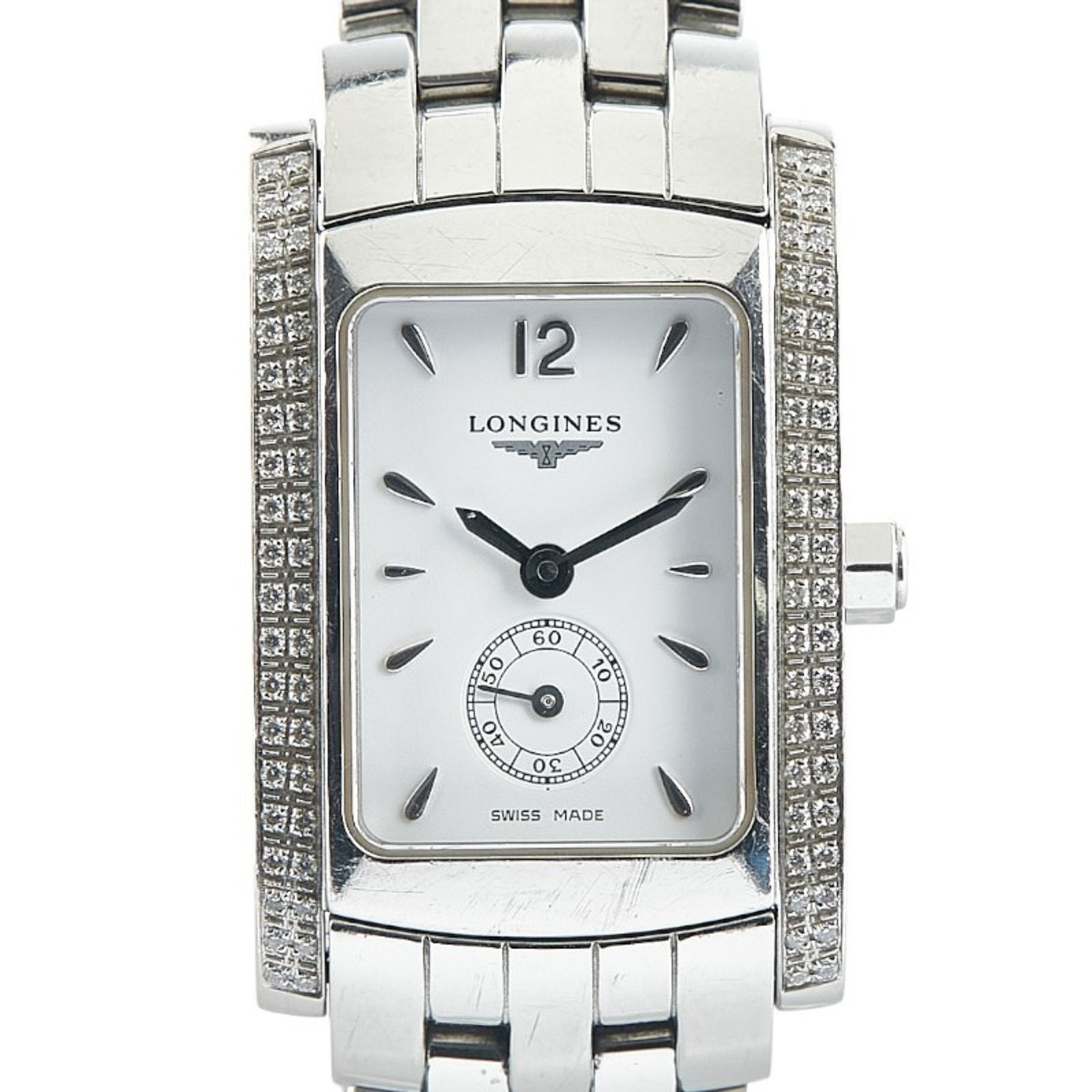 Longines Dolcevita Diamond Bezel Watch L5.155.0 Quartz White Dial Stainless Steel: Brand: Longines Type: Wristwatch Gender: Women Display: Analog Material (Case): Stainless Steel Material (Band): Stainless Steel Color (Dial): White Case Diameter: 30mm / 1.18'' Wrist Size: 15.5cm / 6