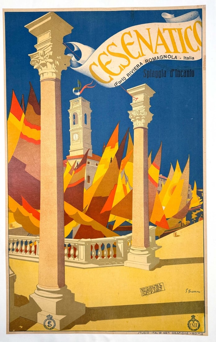 Italian Travel Poster Cesenatico By Guerrini 1927 Original Riviera Adriatica: Artist: Giovanni Guerrini Size: Medium Date Of Creation: 1927 Title: Cattolica Riviera Adriatica Material: Canvas Paper Certificate Of Authenticity (Coa): Yes Original/Licensed Reprint: Original Frami