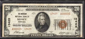 1929 $20 American National Banknote Currency Sidney Nebraska (035)