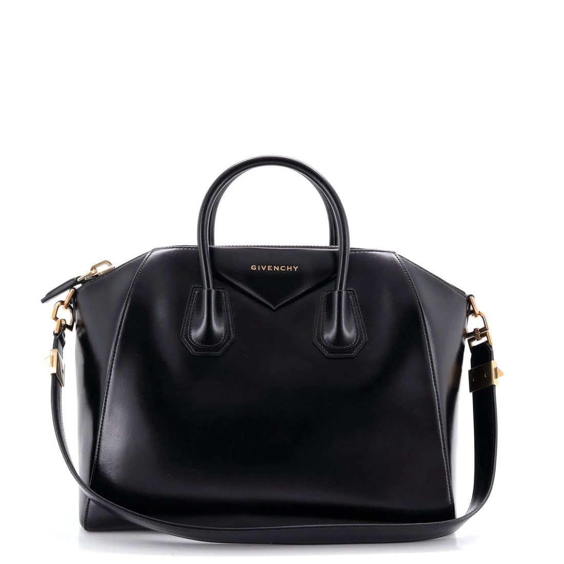 Givenchy Antigona Bag Glazed Leather Medium: Brand: Givenchy Exterior Material: Leather Style: Satchels Exterior Color: Black Size: Medium Measurements: Handle Drop 3.5", Height 11", Width 13", Depth 8", Strap Drop 11" Model: Antigona Bag Glazed