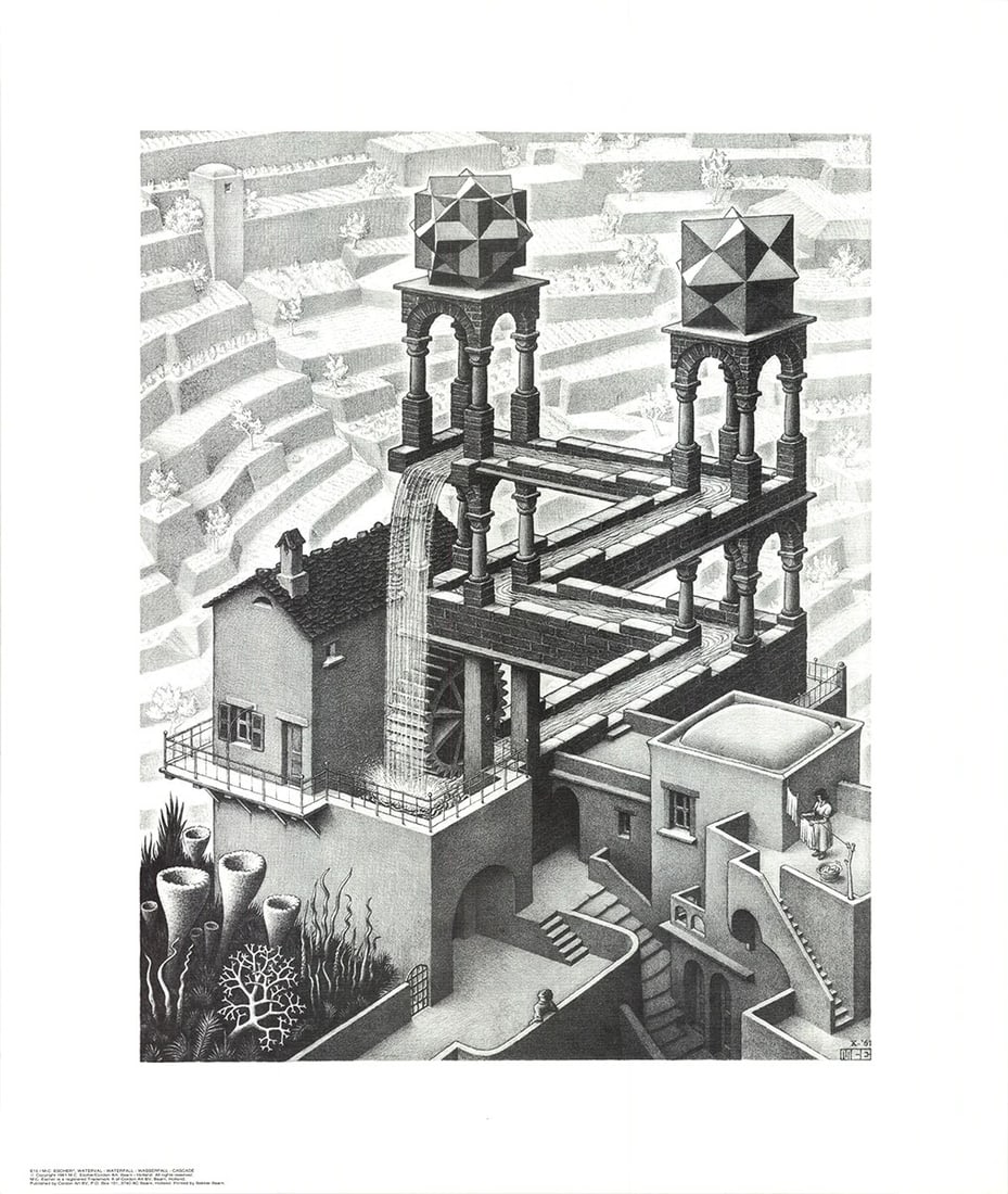 M.C. Escher Waterfall " Offset Lithograph Surrealism: Artist: M.C. Escher Brand: Escher M.C. Subject: Black & WhiteArchitectureFigures Type: Offset Lithograph Artist: M.C. Escher Title: Waterfall Year: Unknown Signed: No Medium: Offset Lithograph Paper S