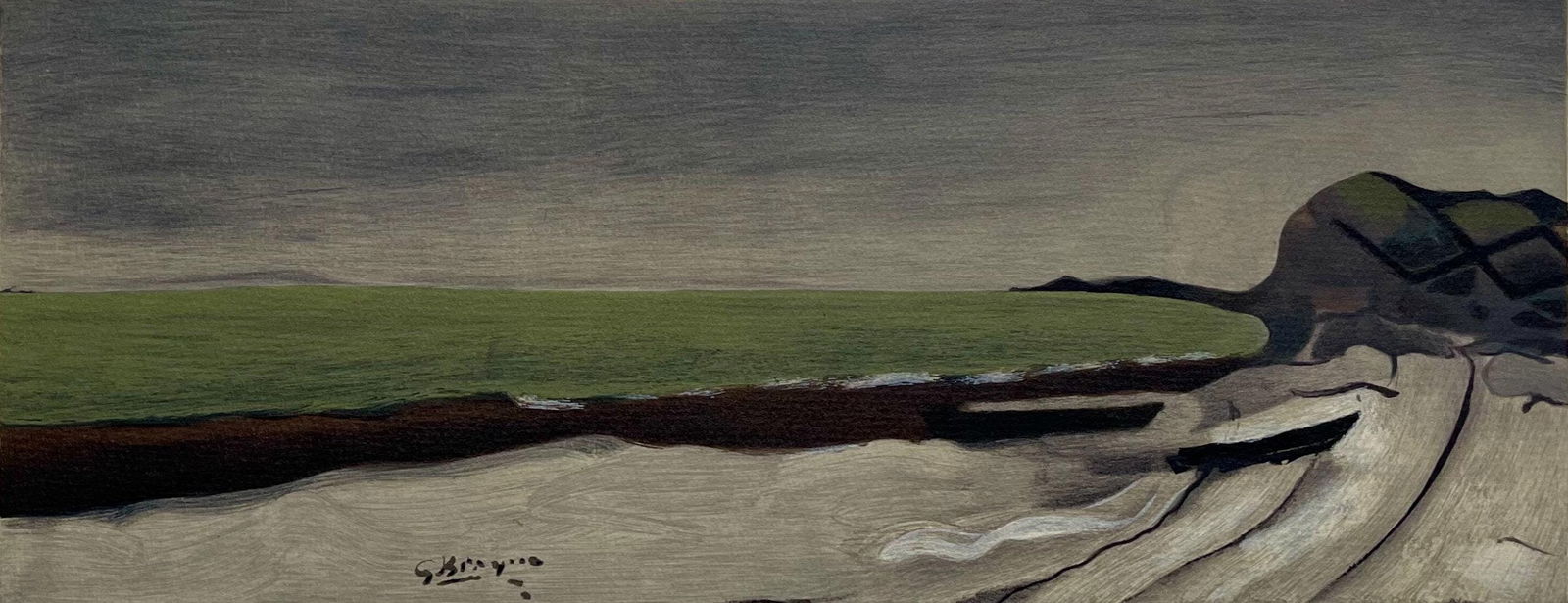 Georges Braque, Bord De Mer, Varengeville, Lithograph: Lithograph on vlin paper hinged on support sheet, as issued. Image Size: 5.75 x 13.75 inches. Excellent condition. Inscription: Unsigned and unnumbered. Notes: From the folio, Varengeville, 1968. Publ