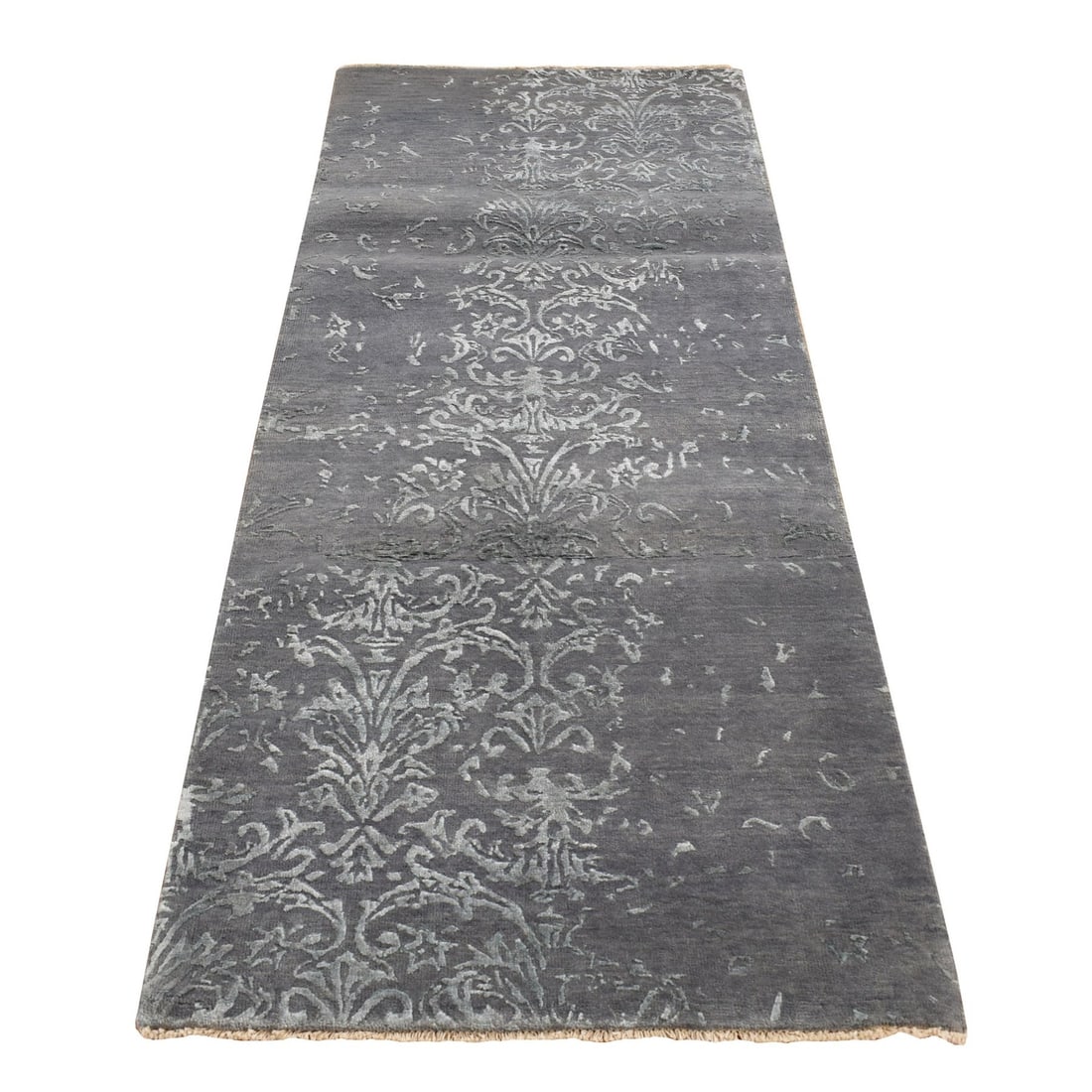 2'9"X6'9" Gray Erased Abarasque Design Wool And Silk Handmade Runner Rug: Style: Transitional Type: Indoor Material: Silk Color: Grey Item Length: 81 Item Width: 30 Rug Type: Hand Knotted Pile: Wool & Silk Shape: Runner Field Color: Grey Size: 2"6" x 6"9" / 76 CM X 206 CM A