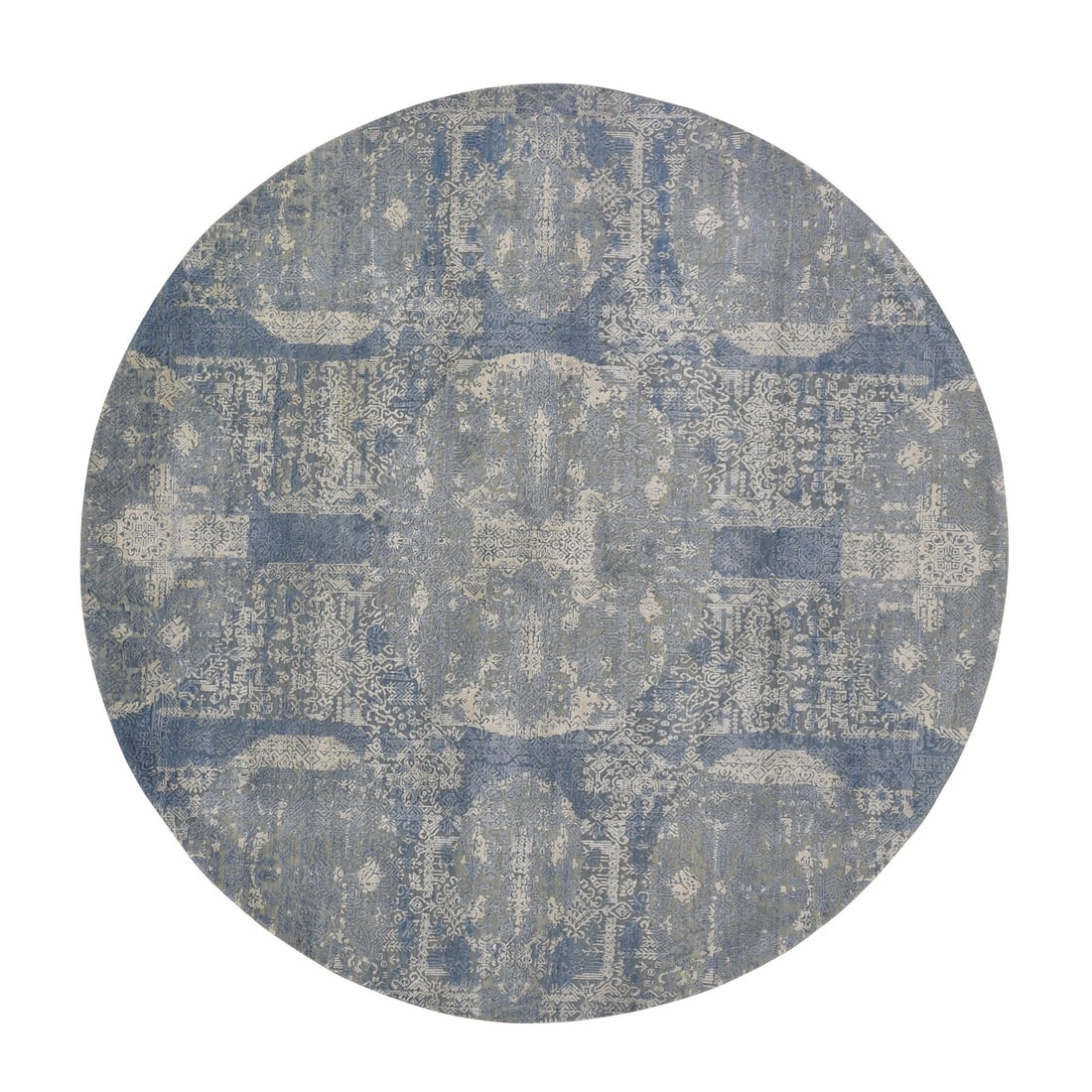 8'1"X8'1" Round Blue Wool And Pure Silk Jewellery Design Hand Knotted Rug: Style: Jewellery Design Type: Indoor Material: Silk Color: Blue Item Length: 97 Item Width: 97 Rug Type: Hand Knotted Pile: Wool & Pure Silk Shape: Round Field Color: Blue Size: 8"1" x 8"1" / 246 CM X