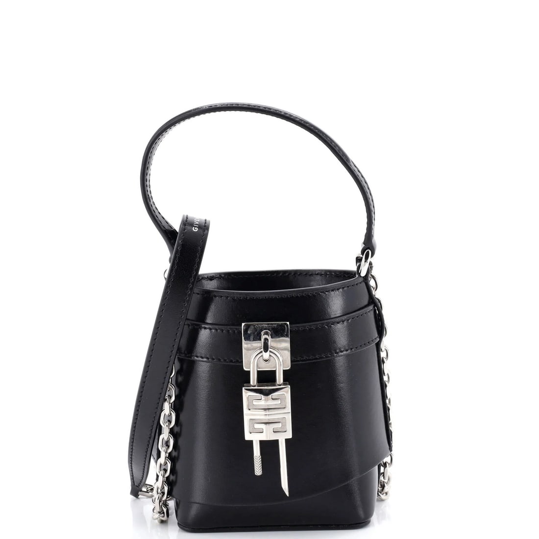 Givenchy Gv Shark Lock Bucket Bag Leather Micro: Brand: Givenchy Exterior Material: Leather Style: Bucket Exterior Color: Black Size: Micro Accessories: Lock With Strap Measurements: Height 5.5", Width 4", Depth 2.5" Model: GV Shark Lock Bucket Bag