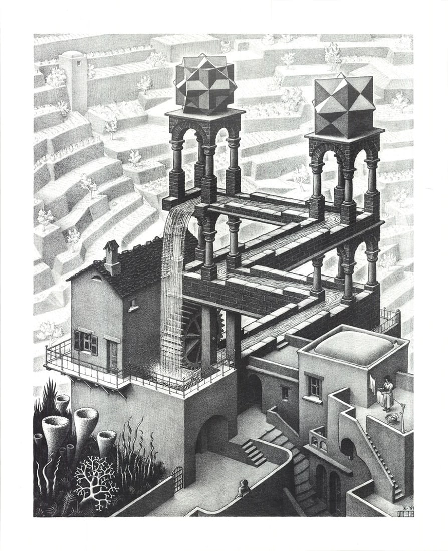M.C. Escher Waterfall (Small) " Offset Lithograph Surrealism: Artist: M.C. Escher Brand: Escher M.C. Subject: Black & WhiteArchitectureFigures Type: Offset Lithograph Artist: M.C. Escher Title: Waterfall (Small) Year: Unknown Signed: No Medium: Offset Lithograph