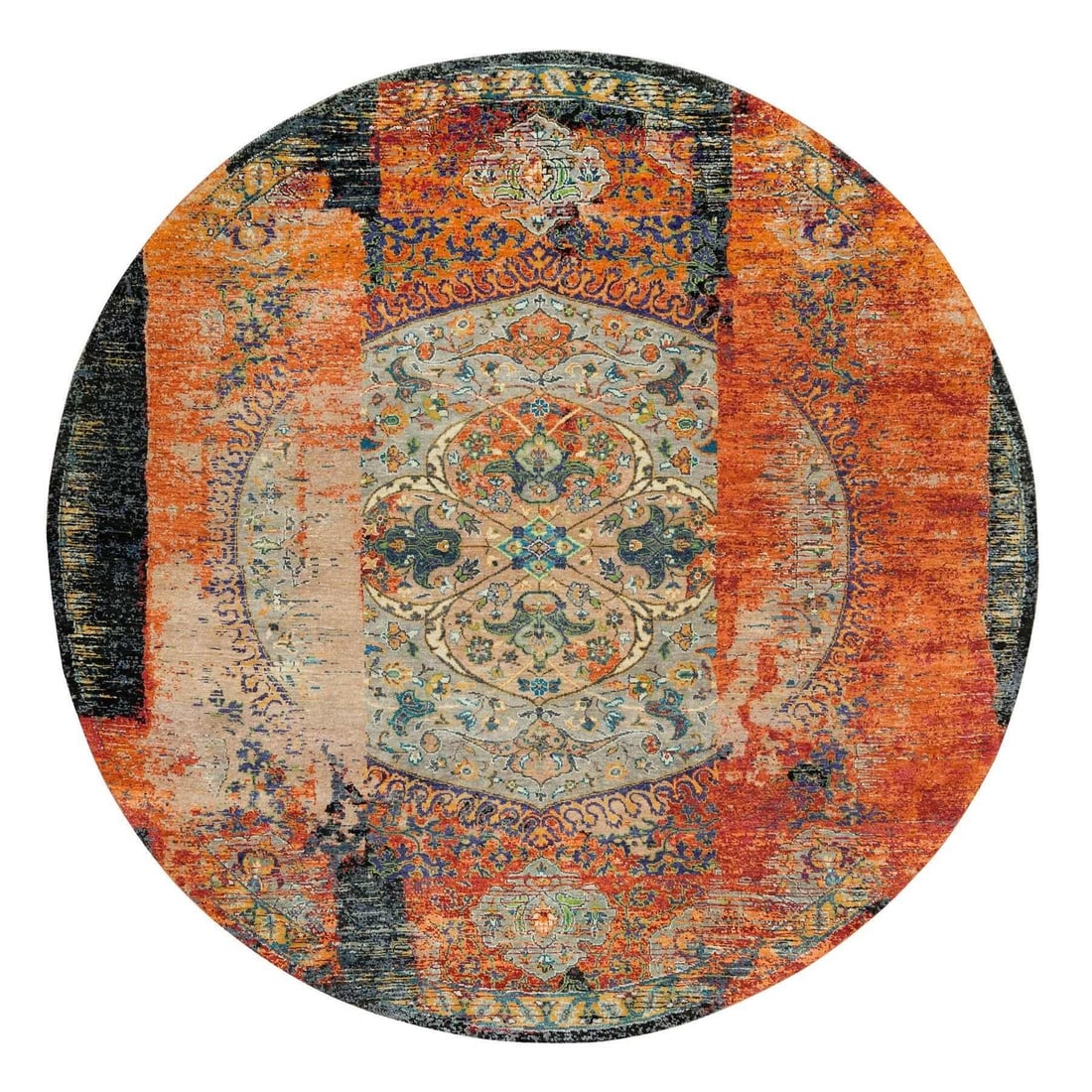 8'1"X8'1" Orange Wool Handknotted Ancient Ottoman Erased Design Round Rug: Style: Oriental Type: Indoor Material: Wool Color: Orange Item Length: 97 Item Width: 97 Rug Type: Hand Knotted Pile: Wool Shape: Round Field Color: Orange Size: 8"1" x 8"1" / 246 CM X 246 CM Age: 200