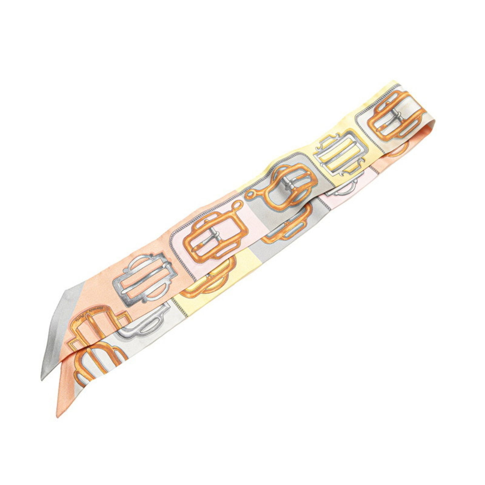 Hermes Herms Twilly Bouclerie D Attelage Buckle Scarf: Brand: Hermes Type: Scarf Gender: Women Color: Brown, Gray, Multi-Color Material: Silk Size (Lxw): 5cm x 85cm / 1.96'' x 33.46'' Condition: Used (good), Traces of usage, scratches / dirt can be seen b