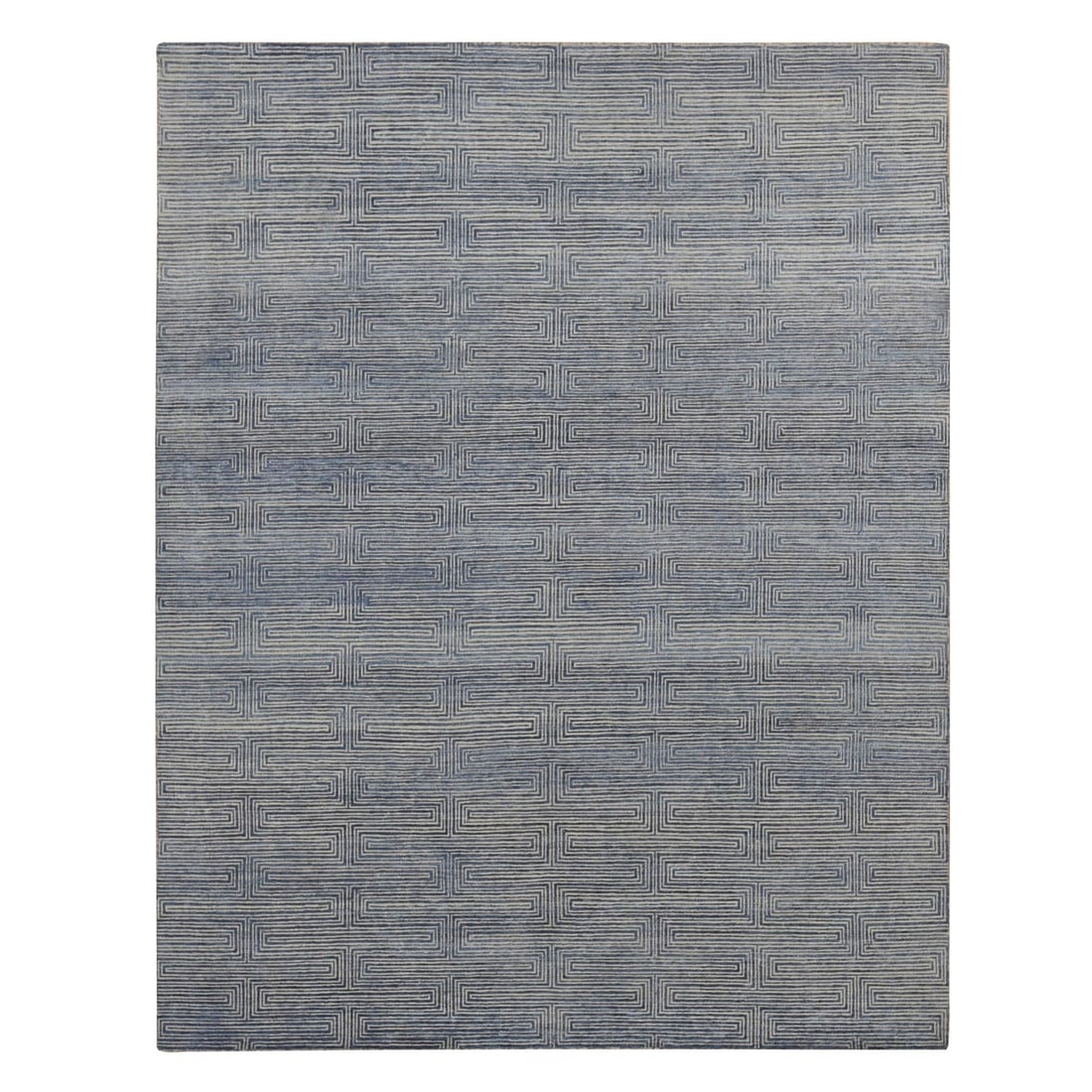 8'X10' Blue Silk With Wool Maze Design Hand Knotted Oriental Rug: Type: Indoor Material: 100% Wool Color: Blue Item Length: 120 Item Width: 96 Brand: 1800getarug Product Disclaimer: Rugs and carpets may show minor wear, fraying, or fading consistent with age and use