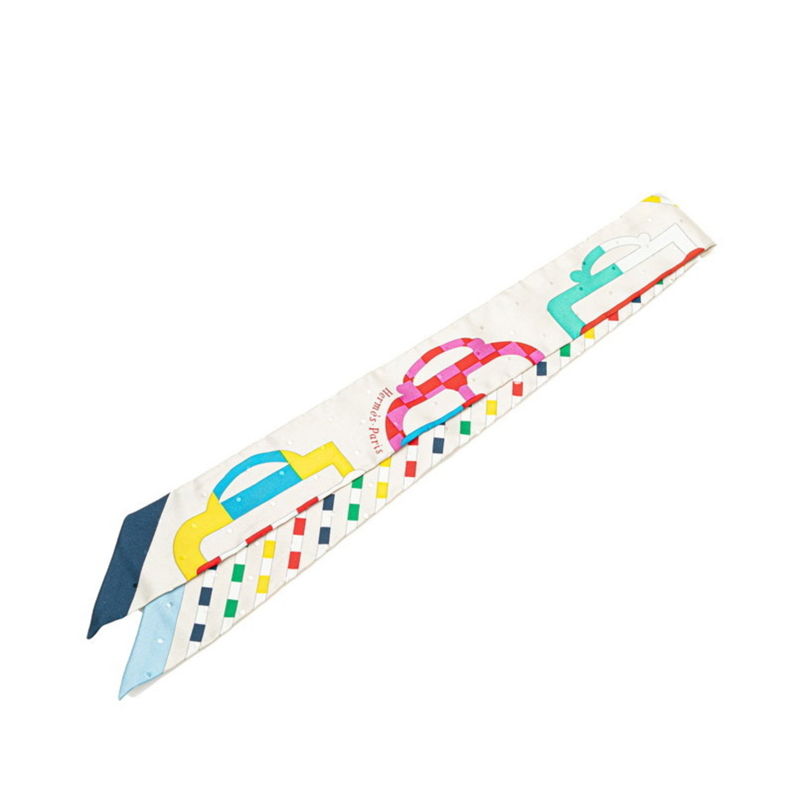 Herms Twilly Bouclerie Moderne Modern Buckle Scarf: Brand: Hermes Type: Scarf Gender: Women Color: Gray, Ivory, Multi-Color Material: Silk Size (Lxw): 85cm x 5cm / 33.46'' x 1.96'' Condition: Used (very good), A few traces of usage, some scratches / di