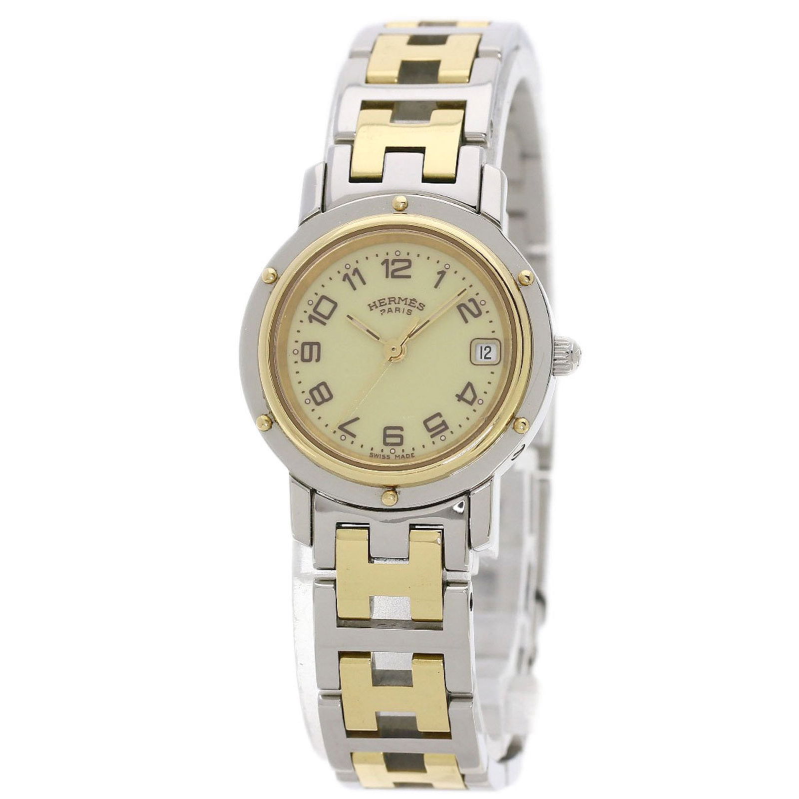 Herms Cl4.220 Clipper Watch With New Buckle: Brand: Hermes Type: Wristwatch Gender: Women Display: Analog Material (Case): Stainless Steel Material (Band): Gold Plated, Stainless Steel Color (Dial): Ivory Case Diameter: 23.8mm / 0.94'' Case Thic