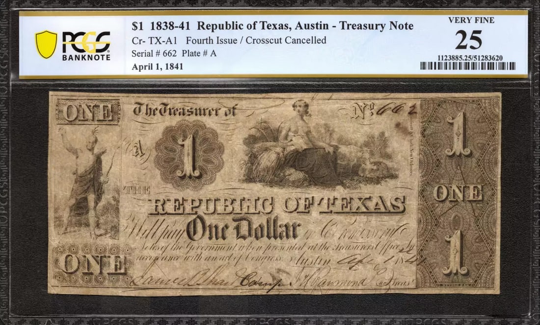 1838-41 $1 Republic Of Texas Treasury Note Cr-Tx-A1 Austin Pcgs 25 Vf (620) (1 of 2)