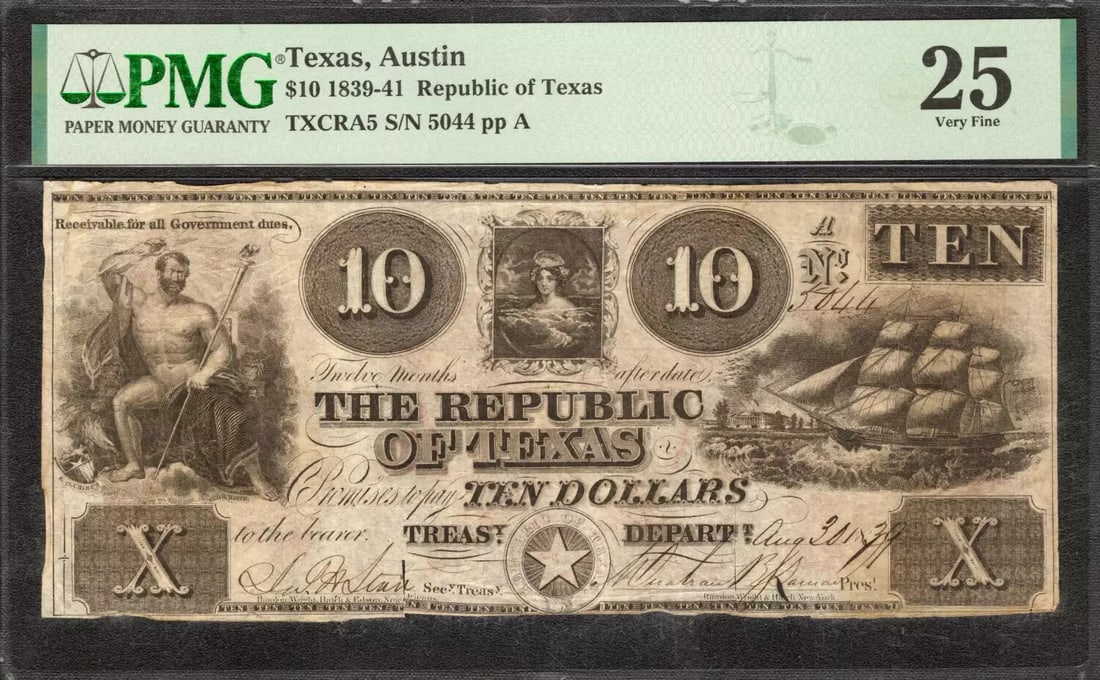 1839-41 $10 Republic Of Texas Treasury Note Txcra5 Austin Pmg 25 Very Fine (004) (1 of 2)
